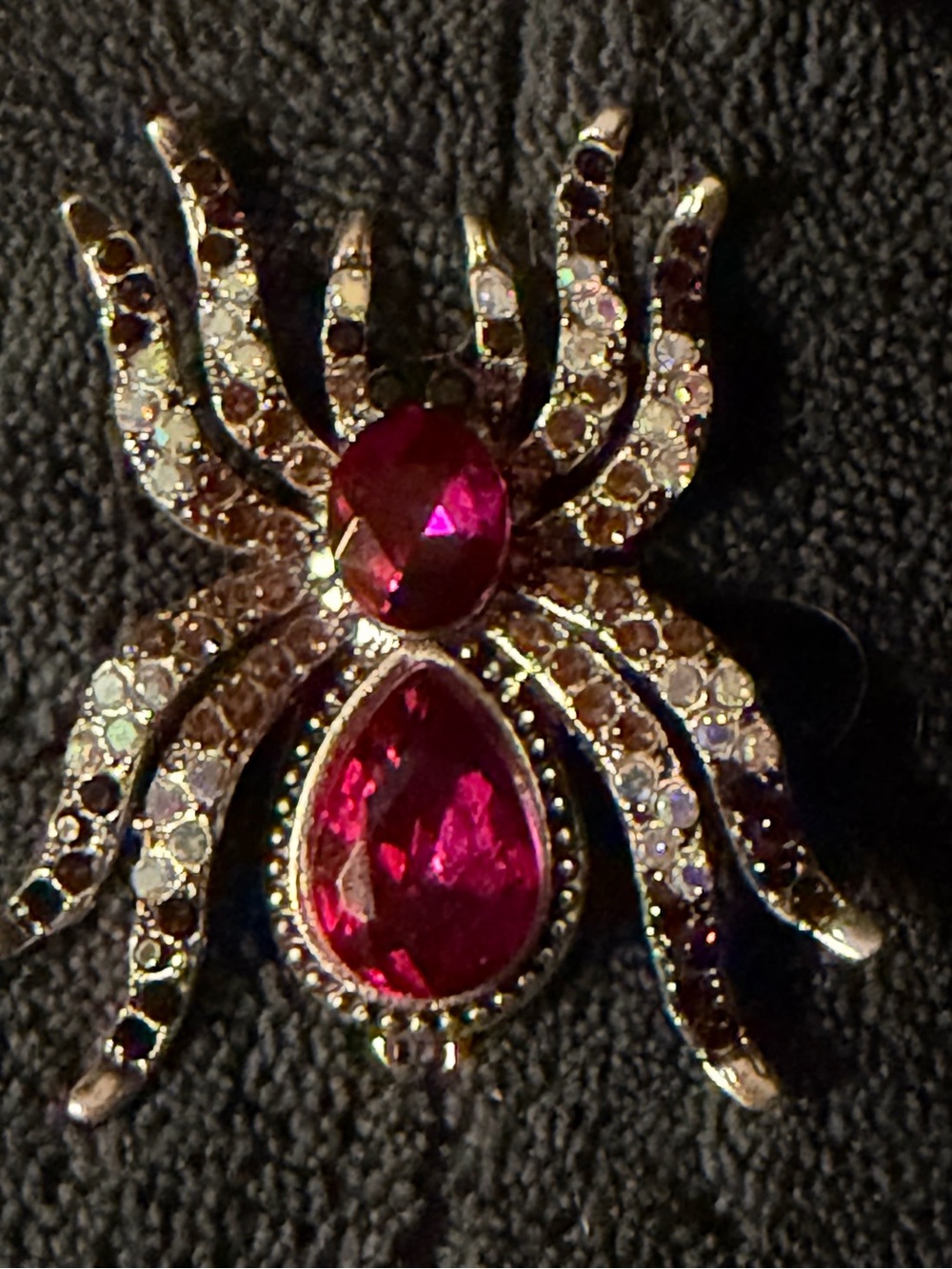 Gold-Tone Spider Brooch with Fuchsia Ruby Stones